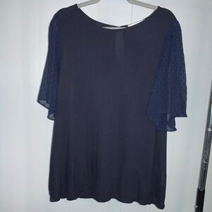 Loft navy knit blouse Sz M sheer glitter flutter sleeves keyhole back